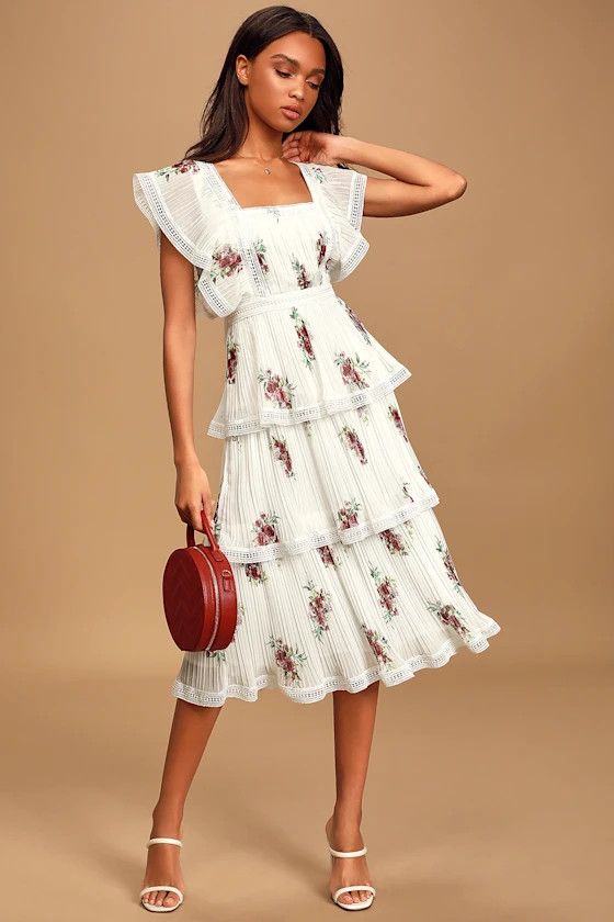 Thriving Romance White Floral Print Tiered Midi Dress | Lulus (US)