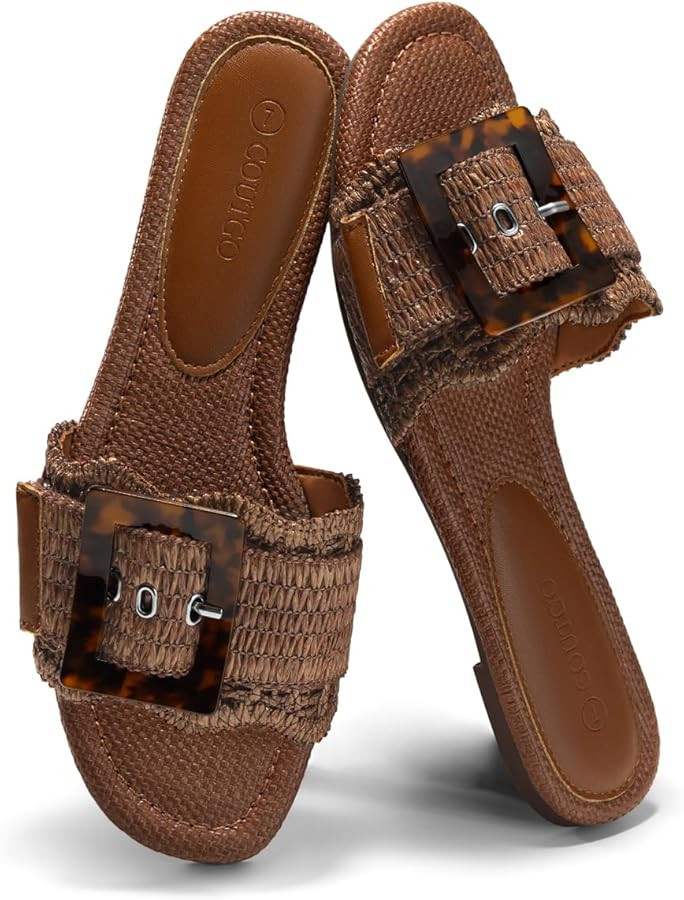Coutgo Womens Flat Sandals Raffia Slip On Slide Sandal Square Open Toe Buckle Summer Beach Shoes ... | Amazon (US)