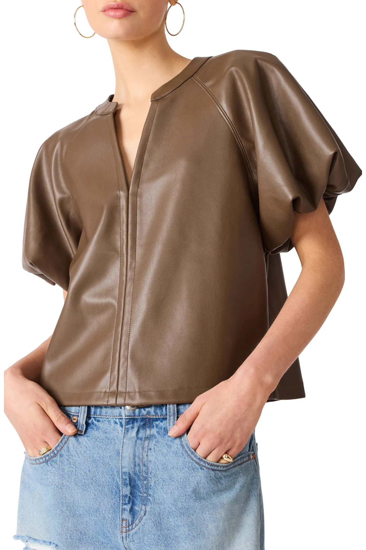 Steve Madden Cecila Faux Leather Top in Bone at Nordstrom, Size Medium | Nordstrom