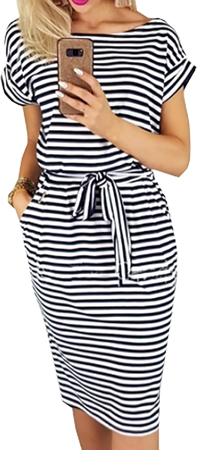 PRETTYGARDEN Women's Summer Short Sleeve Crewneck Striped Dress Basic Solid Tie Waist Office T Sh... | Amazon (US)