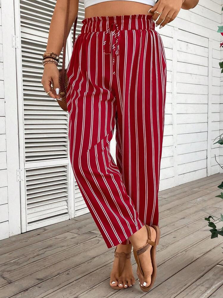 SHEIN VCAY Plus Size Women Ruffle Waist Elastic Waist Stripe Casual Pants,Leisure,Business Casual,Vacation | SHEIN