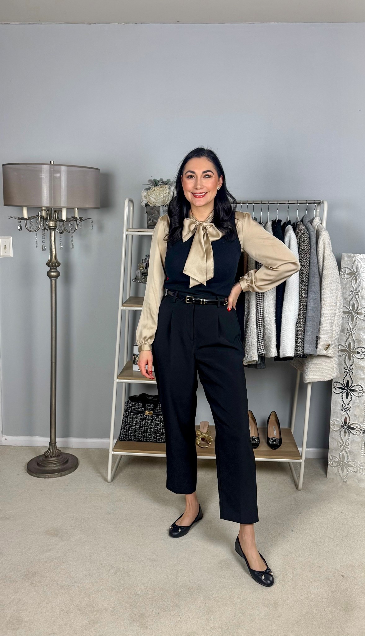 Business casual work outfit of the day 🖤💛

Black sweater shell size xs, sized down 
Gold bow tie blouse
Black pants size 4 curvy, slightly big but wouldn’t size down
Black ballet flats size 6.5, sized down half size 

Business professional 
Work wear 
Office outfit 

#LTKSeasonal #LTKWorkwear #LTKootd