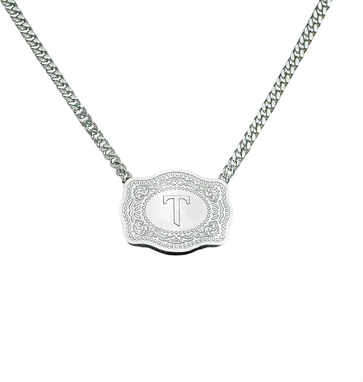Rhodium-Plated Initial Letter Pendant Necklace with Embossed Belt Buckle, Free Chain Included, Pe... | Amazon (US)