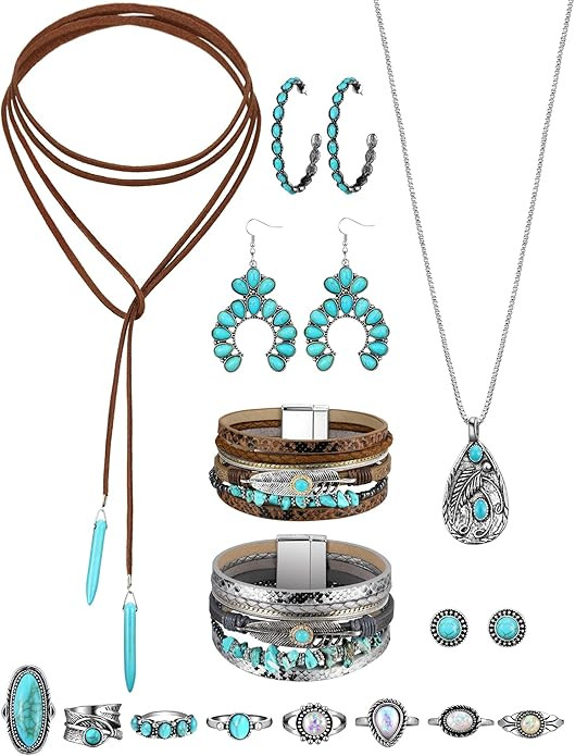 Inbagi 15 Pcs Bohemian Turquoise Jewelry Set for Women Western Necklace Leather Bracelet Dangle E... | Amazon (US)