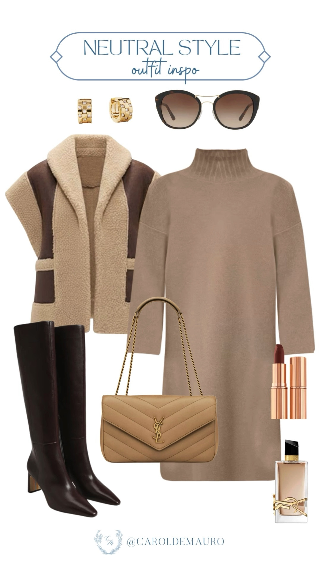 Here's how you can style a neutral outfit to look classy and chic! Wear a knitted long-sleeve mini dress, faux shearling vest, leather long boots, and a YSL lambskin chain bag. 

outfit inspo, timeless fashion, cool girl look, clean girl aesthetic, luxe fashion, everyday accessories, favorite scent, preppy outfit

#LTKU #LTKBeauty #LTKSeasonal