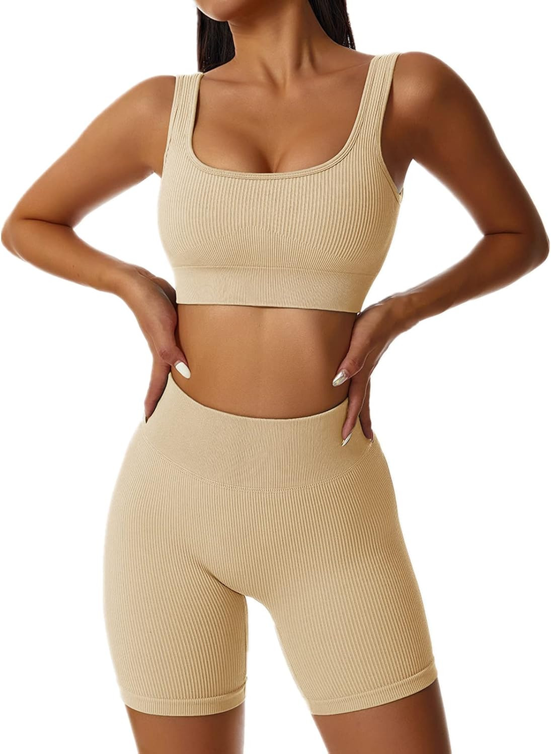 ABOCIW Womens Workout Sets 2 Piece Seamless Ribbed High Waist Shorts with Tank Crop Top Sport Bra... | Amazon (US)