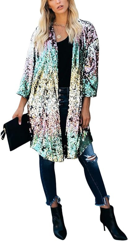 Women Sparkly Sequins Flared 3/4 Sleeve Open Front Coat Glittery Cardigan Party Bar Clubwear | Amazon (US)