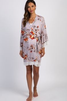 PinkBlush Taupe Rose Floral Lace Trim Delivery/Nursing Maternity Robe | PinkBlush Maternity