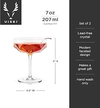 Viski Faceted Coupe Glasses set of 2, Champagn, Martini, Wine, Crystal Cocktail Glasses for Bar, ... | Amazon (US)