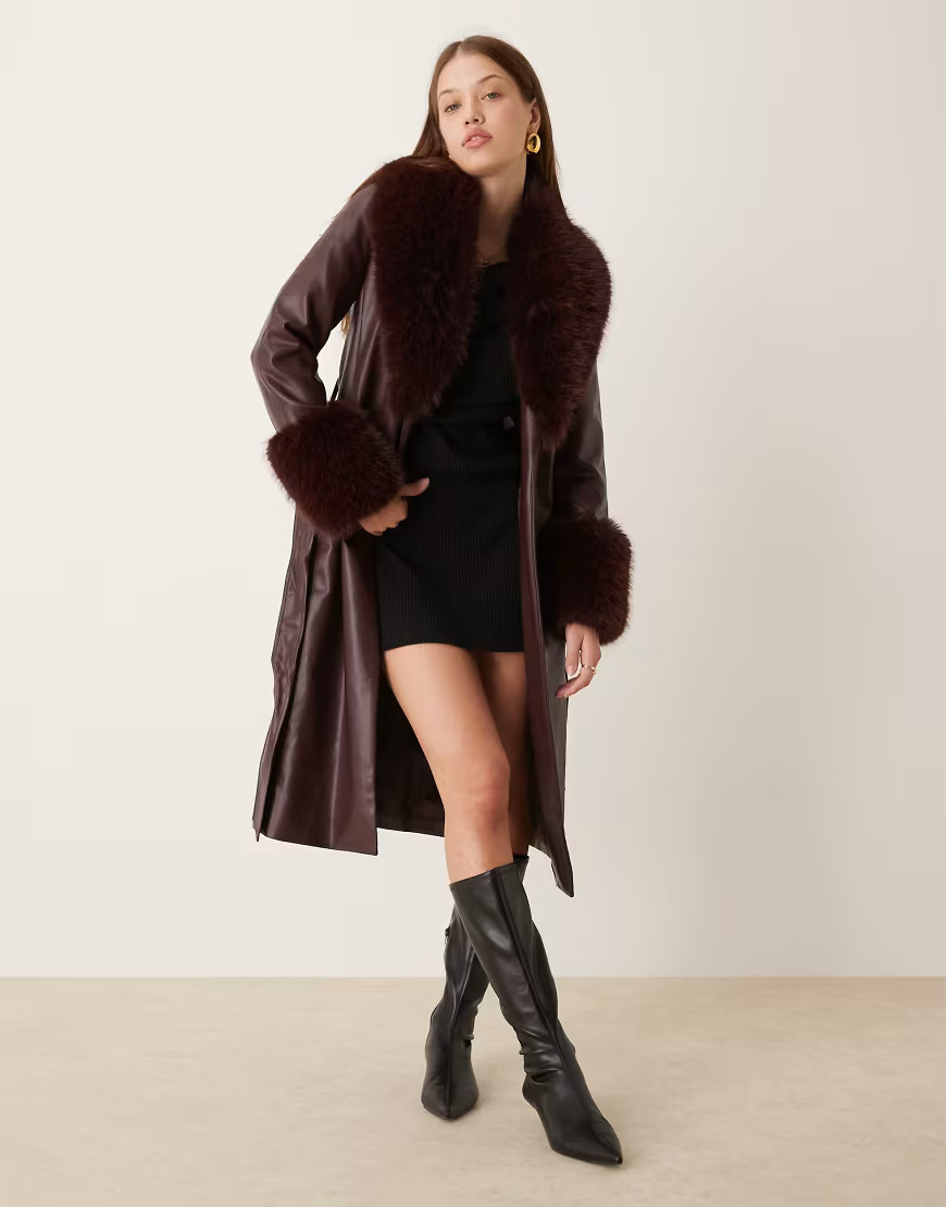 New Look faux fur trim coat in burgundy-Red | ASOS (Global)