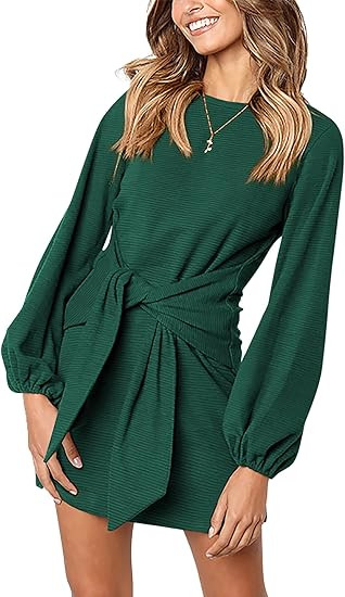 PRETTYGARDEN Womens Fall Elegant Long Lantern Sleeve Short Dress Wedding Guest Crewneck Tie Waist... | Amazon (US)