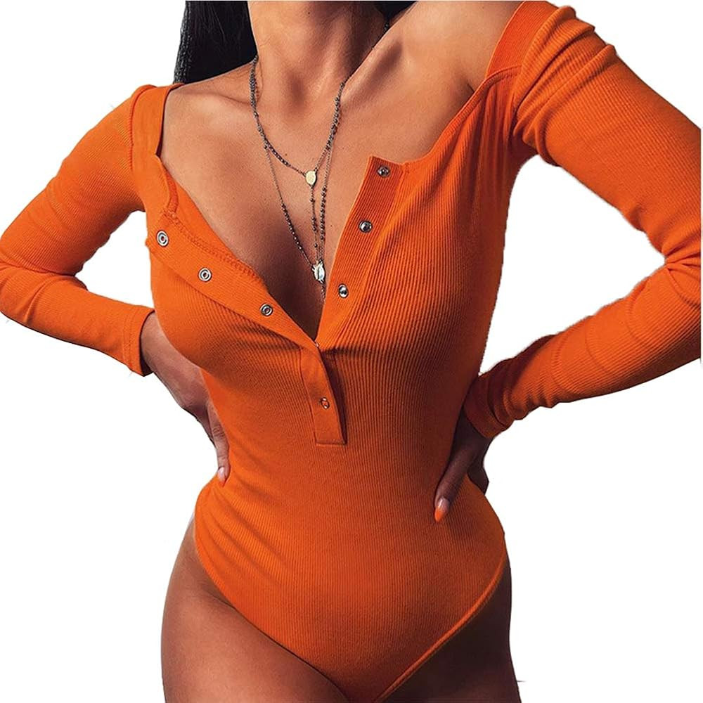 Antopmen Women Scoop Neck Button Down V Neck Long Sleeve Slim Ribbed Bodysuit Sexy Jumpsuit Tops | Amazon (US)