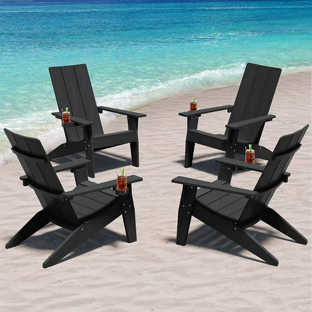 WINSOON All Weather HIPS Adirondack Chair with Cup Holder, Outdoor Patio Chair set of 4, Black Fi... | Walmart (US)
