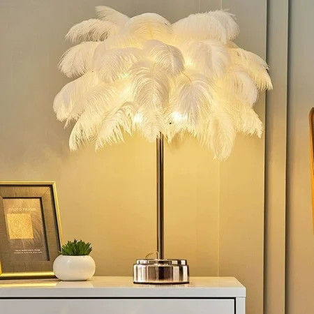 Large Feather Table Lamp - Battery Operated LED Night Light for Bedroom, Living Room, Weddings, and Holiday Decor | Walmart (US)