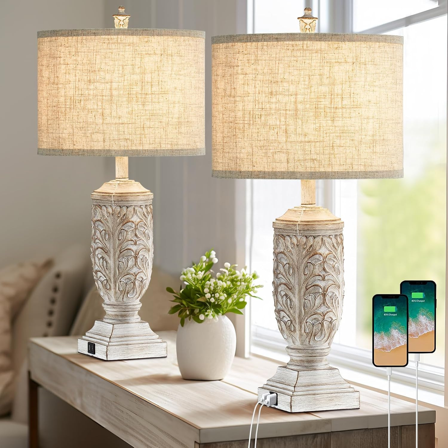 Set of 2 Farmhouse Table Lamps, 27.5'' Tall Rustic Bedside Lamps with USB Ports, Vintage Nightsta... | Amazon (US)