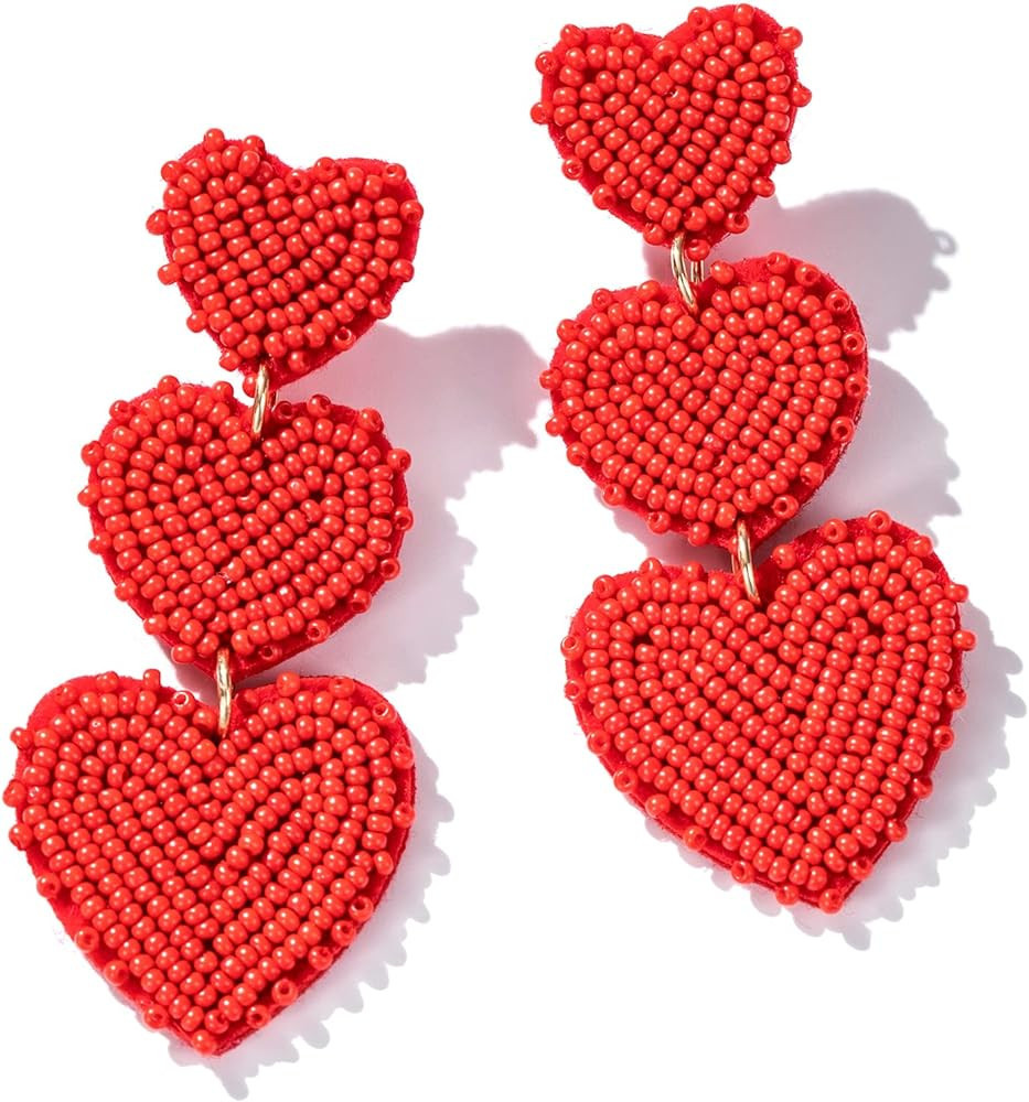 Beaded Heart Shaped Earrings - Handmade Statement Heart Dangle Earrings Gift for Valentine's Day ... | Amazon (US)