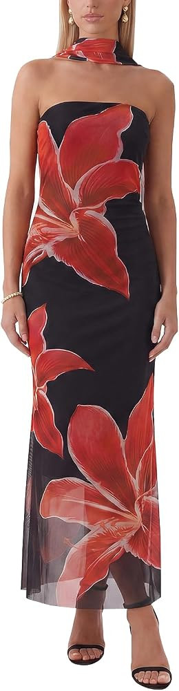 Womens Floral Strapless Dress Y2k Backless with Scarf Tube Maxi Long Dresses Sexy Mesh Bodycon Be... | Amazon (US)