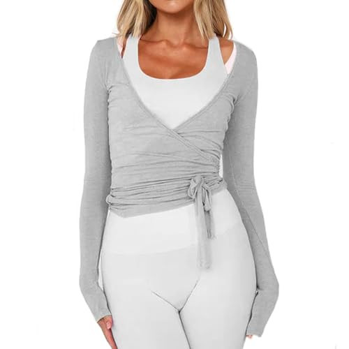 Women Wrap Tie Top Y2k Long SLeeve Ballet Workout Yoga Shirt Coquette Blouses (US, Alpha, Medium, Regular, Regular, Grey) | Amazon (US)