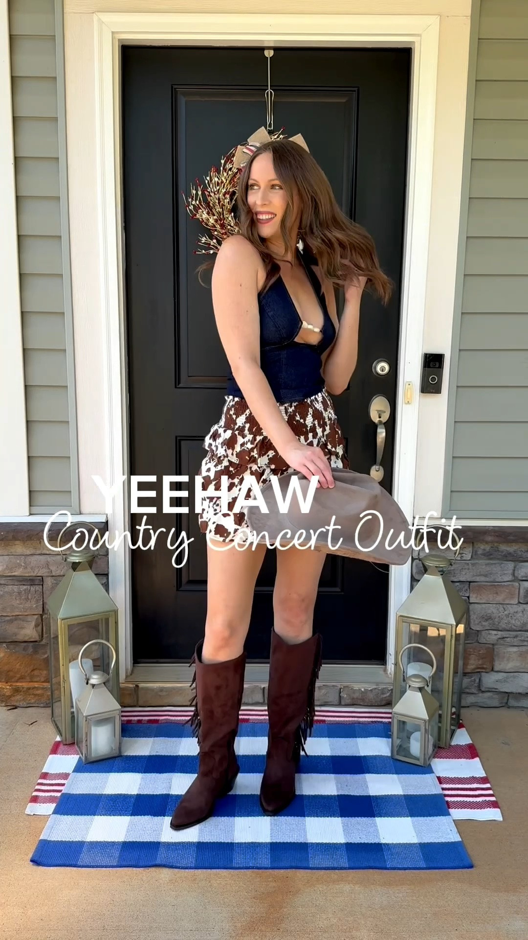 Western outfit idea 🤠

Denim top, cow print skirt, country concert outfit, fringe boots, Amazon fashion