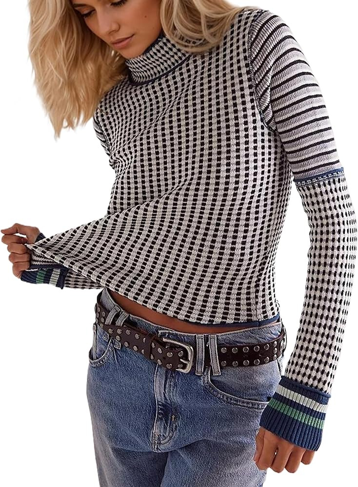 MISSACTIVER Women Casual Long Sleeve Mock Neck Plaid Sweaters Color Block Slim Fit Knitted Pullov... | Amazon (US)