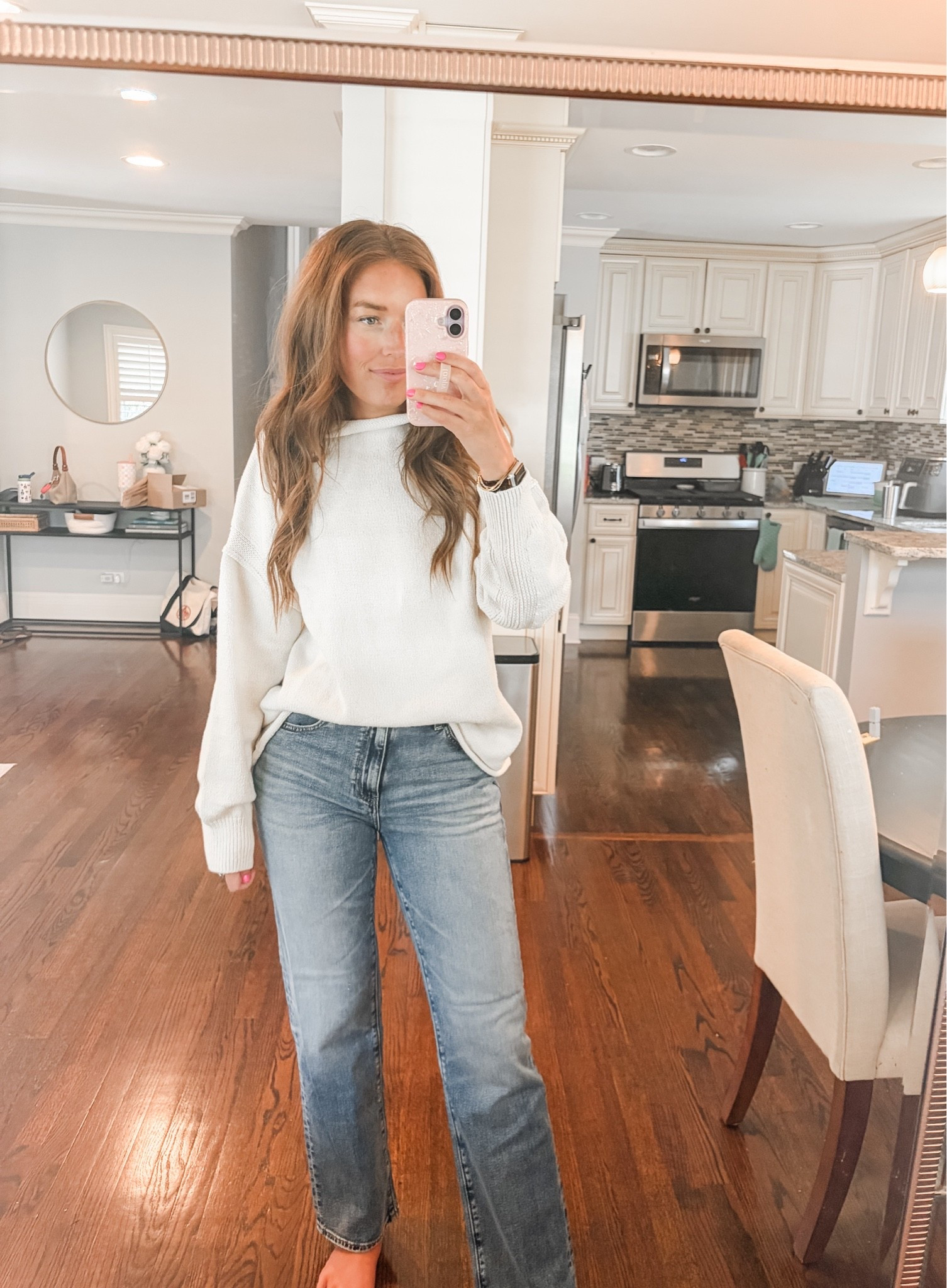 Sweater and jeans both on sale. Wearing size S in sweater and 27 in jeans but probably could’ve done a 26. Website says they run small but I think if you’re in between size down

#LTKSeasonal #LTKSaleAlert #LTKootd