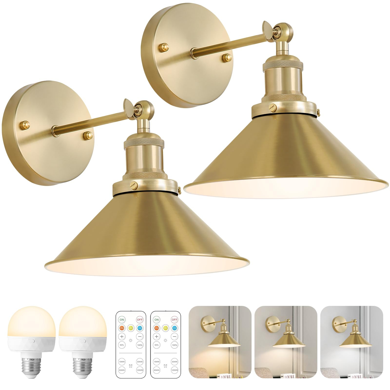 Gold Vintage Wireless Battery Operated Wall Sconces, Rechargeable Cordless Battery Powered Led Wa... | Amazon (US)