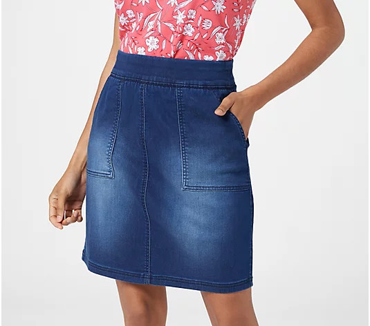Denim & Co. Comfy Knit Denim Pull-On Skort with Patch Pockets - QVC.com | QVC