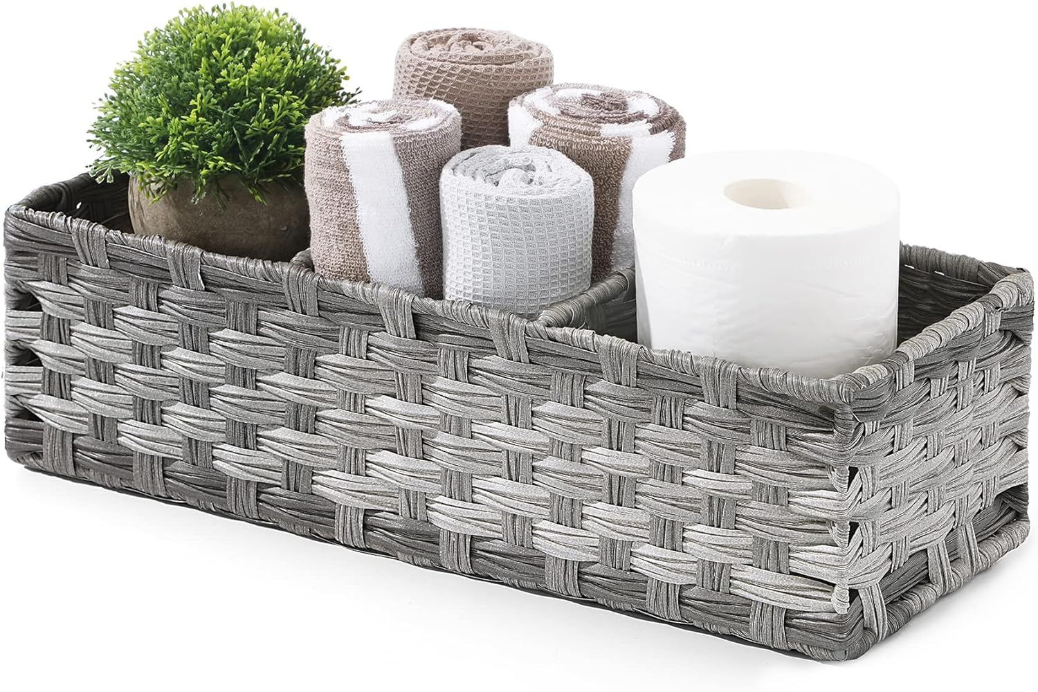 [Larger Compartments] Toilet Tank Topper Paper Basket - Multiuse Hand Woven Plastic Wicker Basket... | Amazon (US)