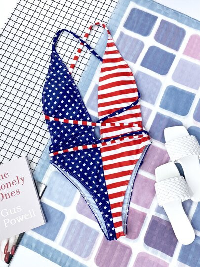 American Flag Print Plunging One Piece Swimsuit | SHEIN