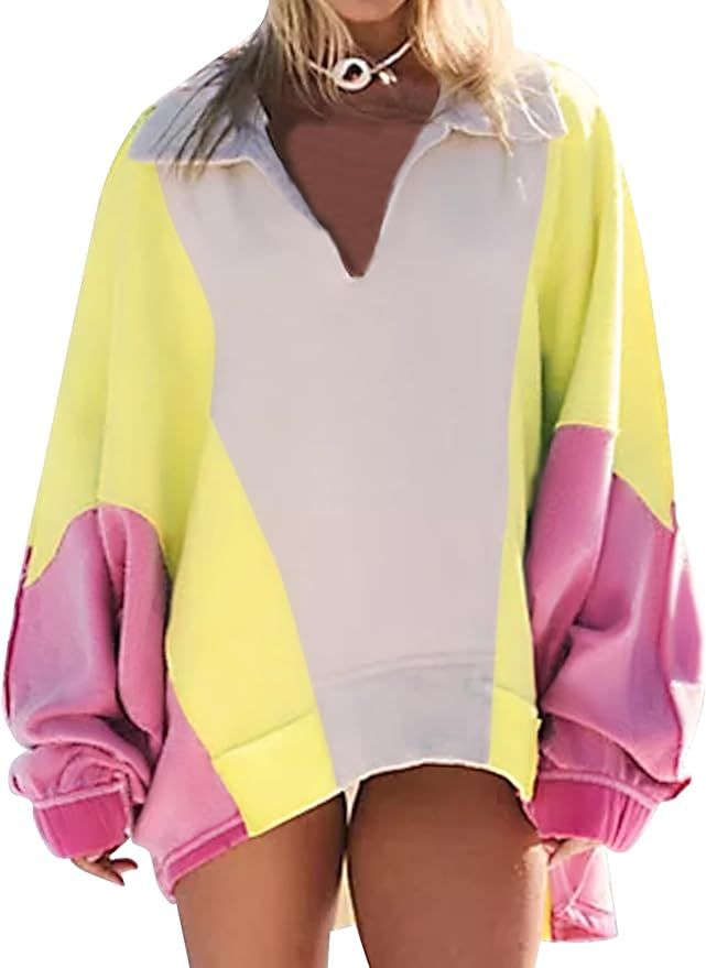 Anoumcy Women Long Sleeve Patchwork Color Block Sweatshirt Oversized V Neck Lapel Collared Casual... | Amazon (US)