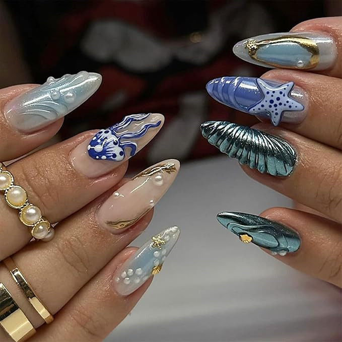 Summer Beach Press on Nails Medium Almond Fake Nails 3D Ocean Waves Acrylic Nails Blue Jellyfish ... | Amazon (US)