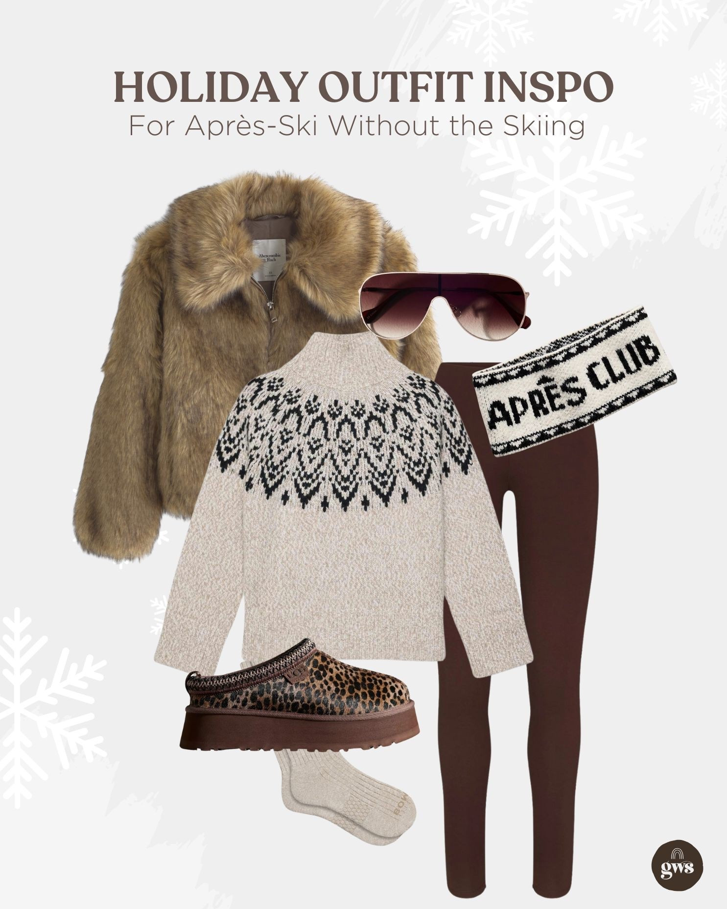 Holiday Outfit Inspo Apres Ski (without the skiing) - Short faux fur jacket with a sweater and brown leggings. Paired with UGG slippers and an Apres Ski headband. 

#LTKHoliday