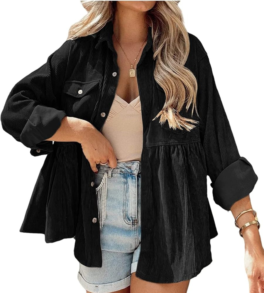 Womens Corduroy Peplum Shirts Tops Cute Long Sleeve Button Down Blouses with Pockets | Amazon (US)