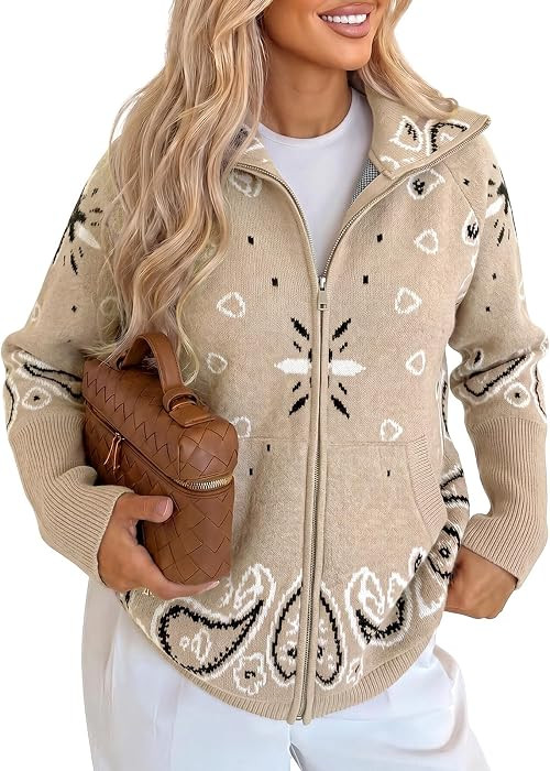 Cicy Bell Women Zip Up Cardigan Sweater Stand Collar Knit Printed Sweater | Amazon (US)