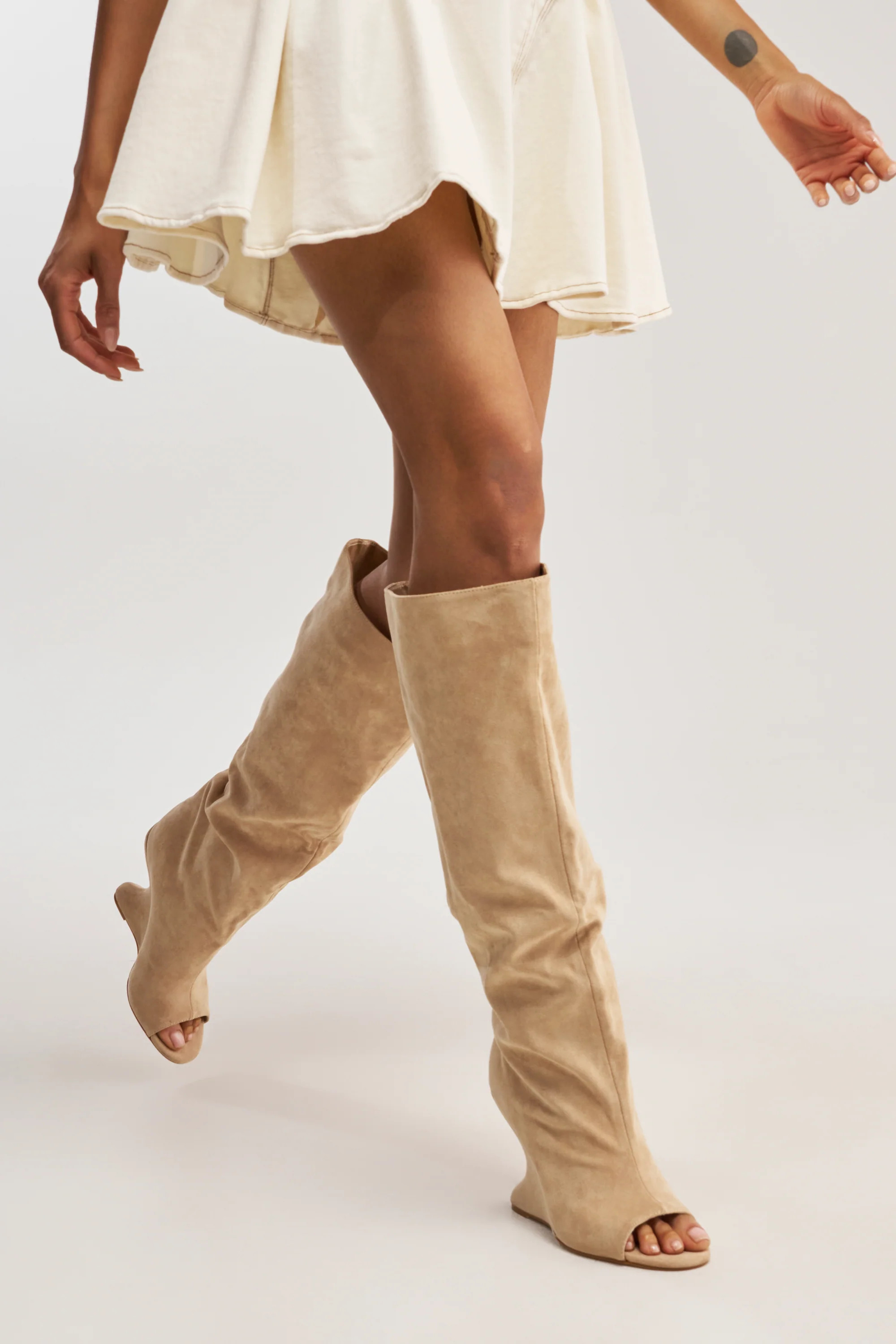 AZALEA WANG VINCENT NUDE FAUX SUEDE OPEN TOE BOOT | AKIRA