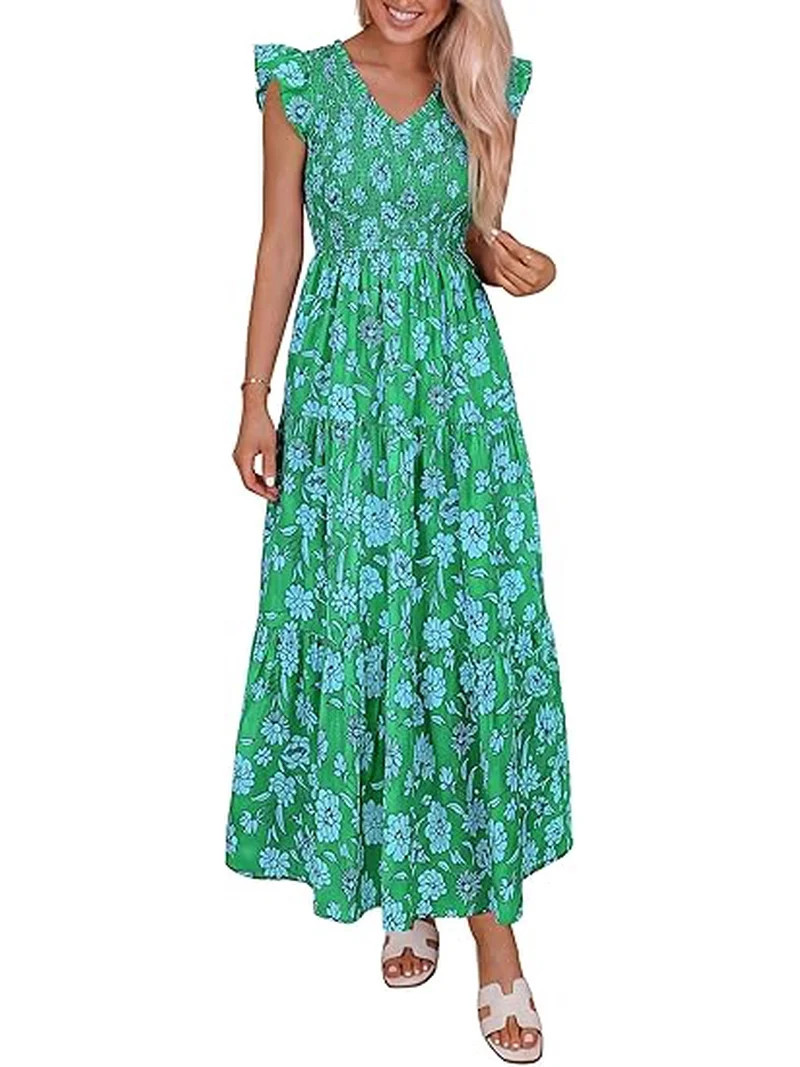 PRETTYGARDEN Women's Boho Floral Maxi Dress Summer Smocked V Neck Ruffle Sleeve Spring Flowy Beac... | Walmart (US)