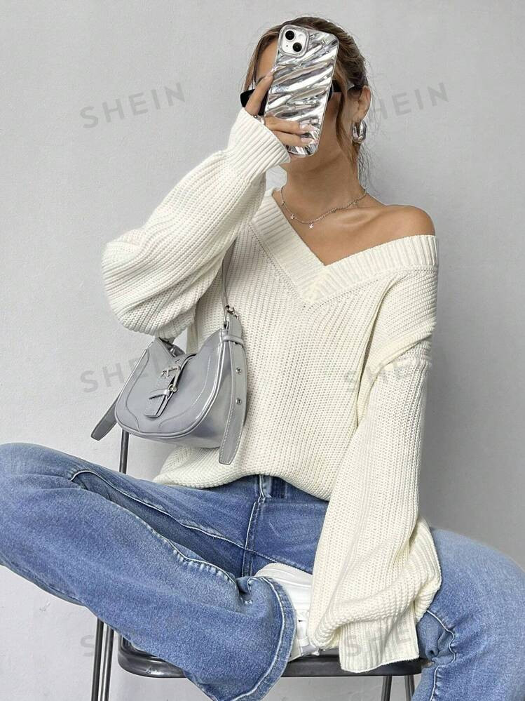 SHEIN MOOSTA Women Loose Fit V-Neck Sweater | SHEIN | SHEIN
