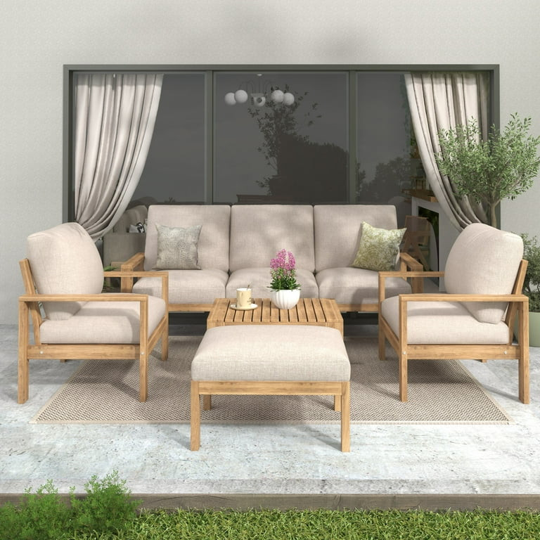 Christopher Knight Home 5-Piece Outdoor Sectional Wood Conversation Sofa Set with Light Gray Cush... | Walmart (US)