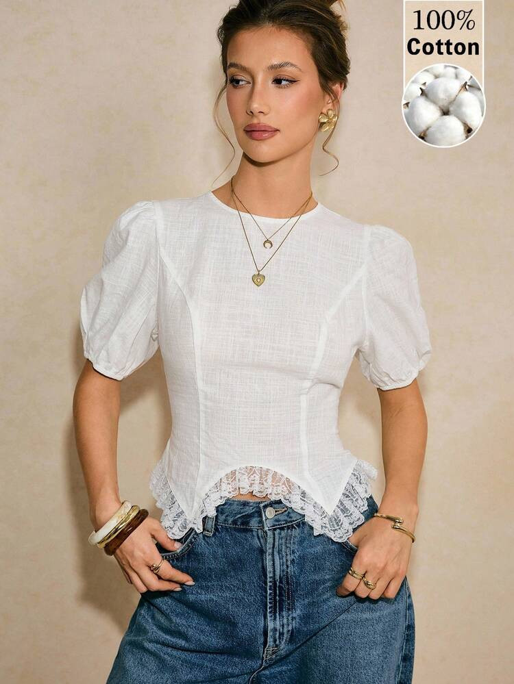 Poéselle Women's Cotton Shirt Vintage-Inspired Puff Sleeve Lace Peplum Corset Blouse – Romantic White Cottagecore Top White Puff Sleeve Blouse Lace Trim Top Cottagecore Shirt Corset Style Blouse Peplum Top Romantic Summer Blouse Vintage Lace Top Casual Everyday Commute Bubble Sleeve Contrast Lace Asymmetrical Hem Fitted Blouse, Summer Summer Tops Summer Outfit For Women Weddings & Events Casual Blouses For Women Y2K Tops Peplum Top White Top Puff Sleeve Top Women Milkmaid Top Eyelet Top Structured Top | SHEIN