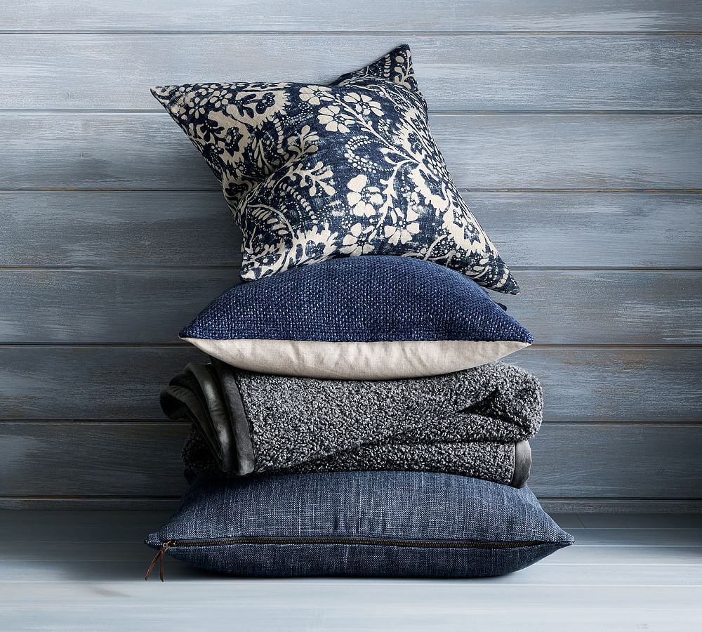 Faye Textured Linen Pillow Cover, 20" x 20", Navy | Pottery Barn (US)