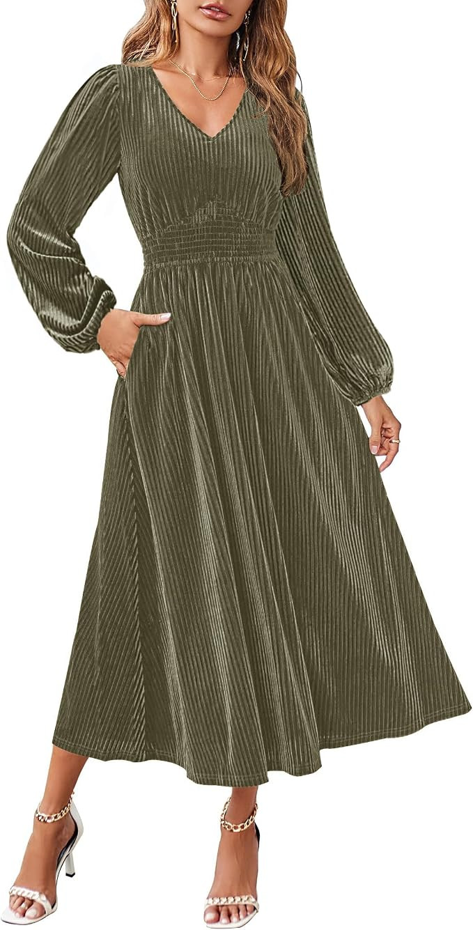ZESICA Women's Velvet Long Sleeve Midi Cocktail Party Dress | V Neck, Flowy A Line, Elastic High ... | Amazon (US)