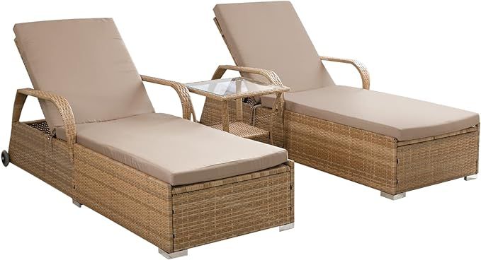 DECMICO Chaise Lounge Chair Set of 3 Outdoor Wicker Patio Furniture, Infinite Position Adjustable... | Amazon (US)
