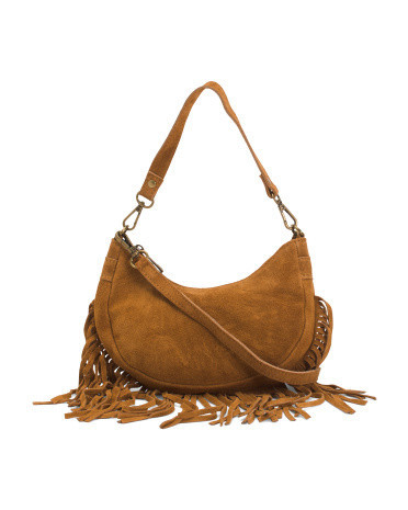 Suede Crescent Shoulder Bag With Fringe For Women | TJ Maxx