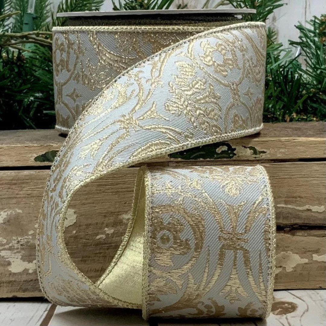 2.5" Jacquard Floral Wired Ribbon, Light Blue & Gold, D. Steven’s fine ribbons, Christmas Decor... | Etsy (US)