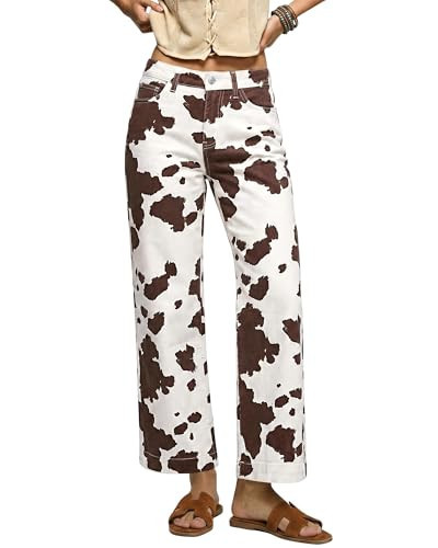 luvamia Wide Leg Cow Print Jeans Woman Trendy High Waisted Ankle Length Stretchy Denim Pants with Pockets Cow Print Size Medium US Size 8 10 | Amazon (US)