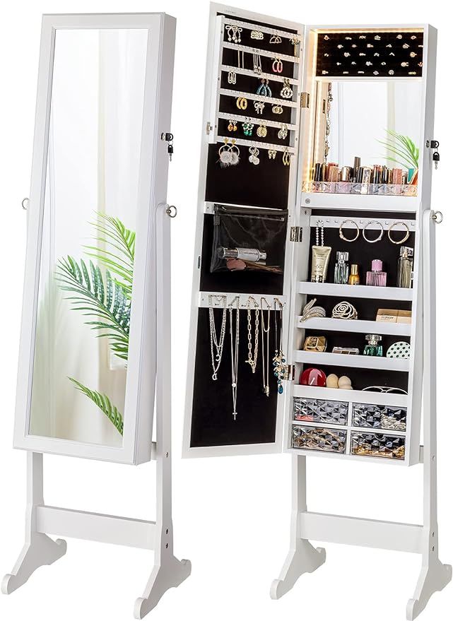 LUXFURNI LED Light Jewelry Cabinet Armoire, Standing Mirror Makeup Lockable Large Storage Organiz... | Amazon (US)