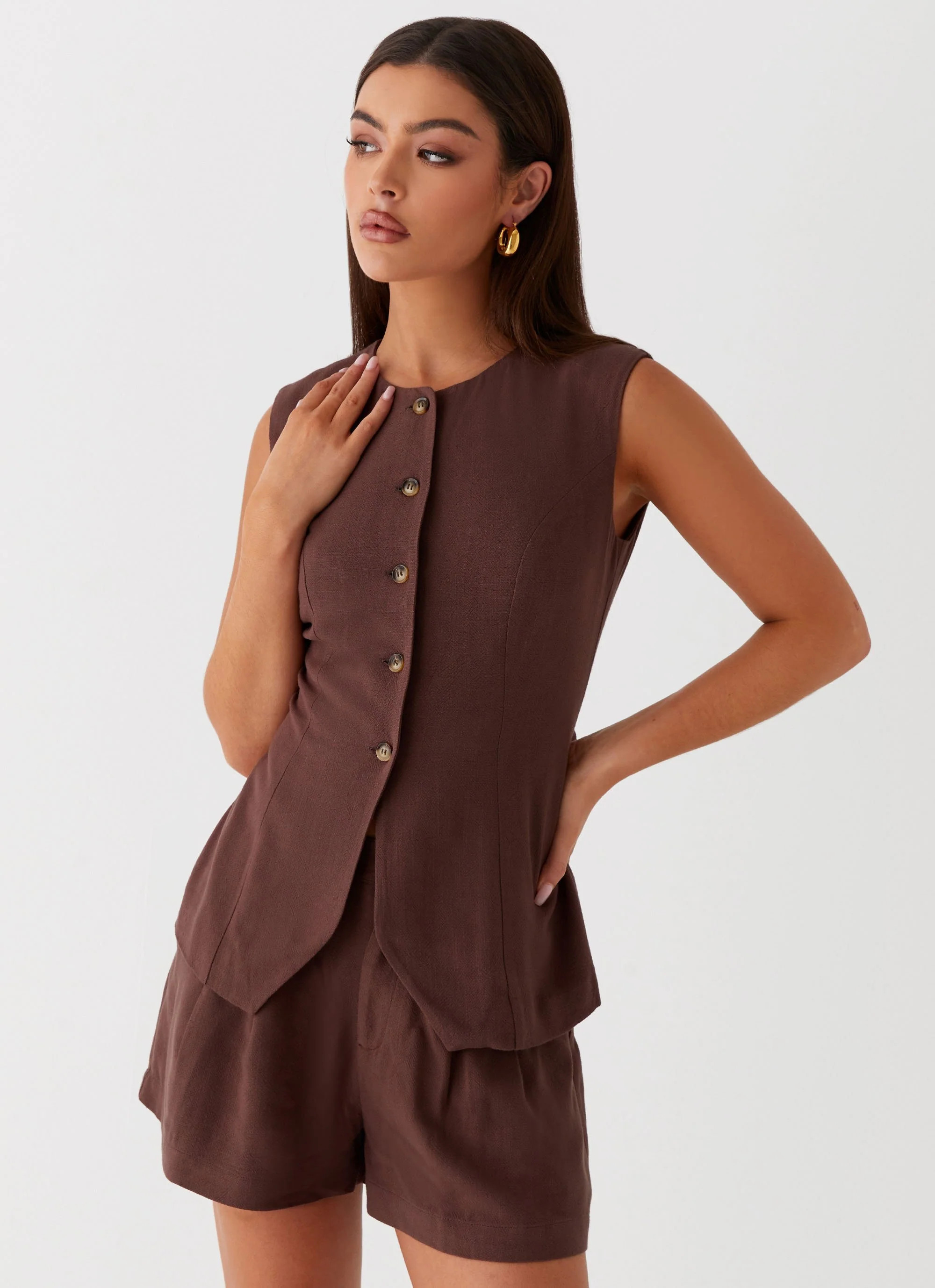 Born For Bordeaux Linen Vest - Brown | Peppermayo (Global)
