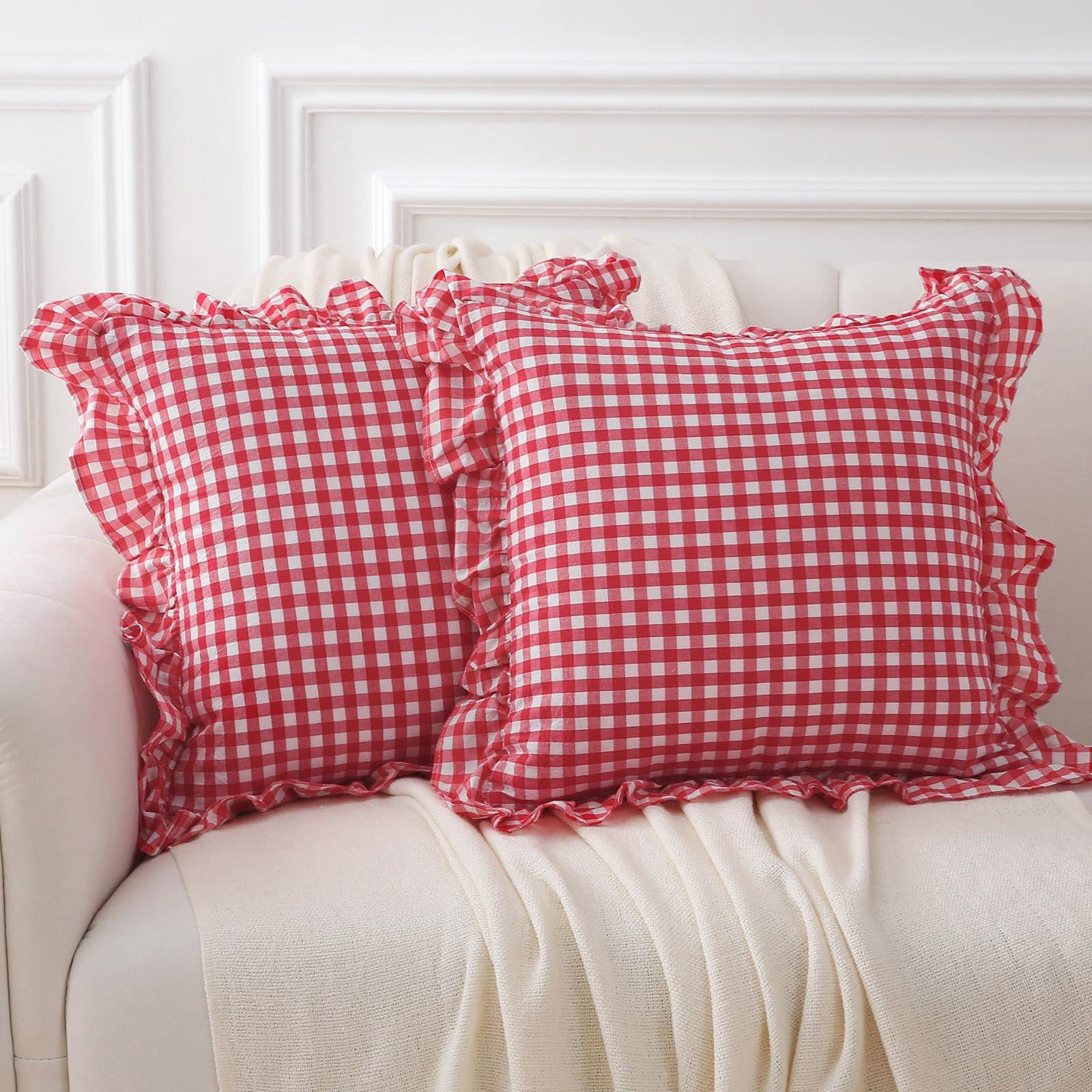 2 Pack Red White Plaid Ruffle Gingham Throw Pillow Covers, 100% Washed Cotton Christmas Decorative Buffalo Checkered Farmhouse Pillow Shams - 18''x18'' | Amazon (US)