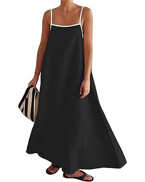 Womens Linen Maxi Dress Contrast Trim Spaghetti Straps Summer Outfits Travel Vacation Sleeveless ... | Amazon (US)
