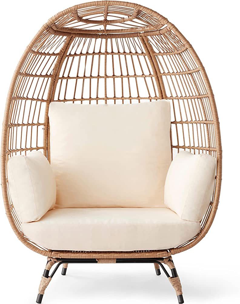 Best Choice Products Wicker Egg Chair, Oversized Indoor Outdoor Lounger for Patio, Backyard, Living Room w/ 4 Cushions, Steel Frame, 440lb Capacity - Ivory | Amazon (US)